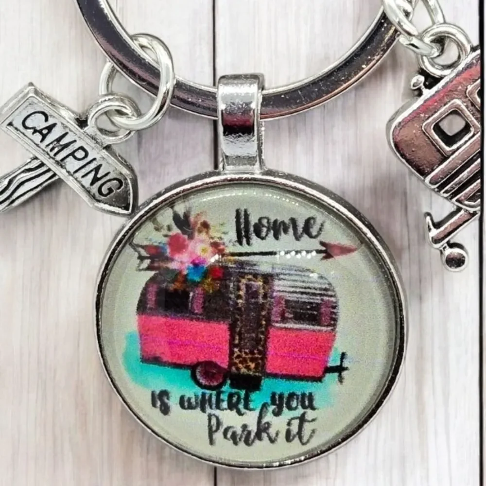 Retro Camper Keychain Home Is Where You Park It RV Glamping Bag Charm Key Ring